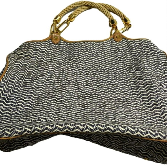 Tory Burch Designer Kerrington Nautical Rope Zig Zag Tote Purse Handbag - Picture 3 of 15